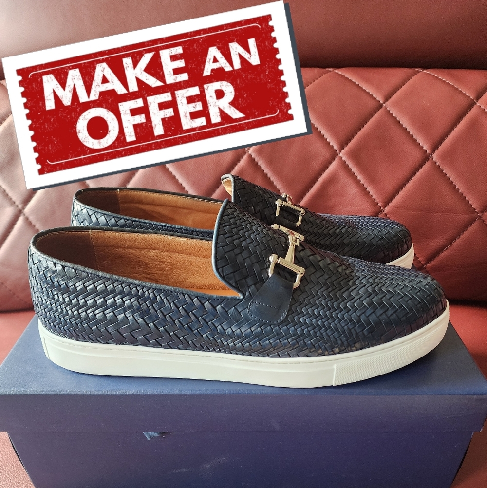 Marc Nolan Boardwalk Woven Calfskin Leather Bit Buckle Slip On Sneakers - Size14